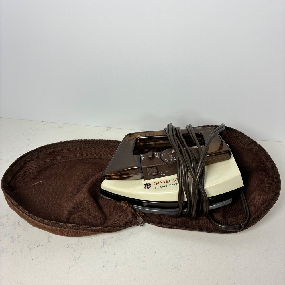 Vtg GE Travel Steam Iron F76 Folding Handle Dual Voltage w/ Case Retro MCM